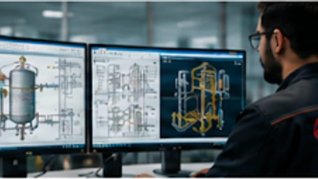 AZtec automation engineer designing SCADA control screen on dual monitors