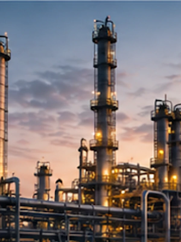 Oil refinery distillation columns at dusk with illuminated process towers