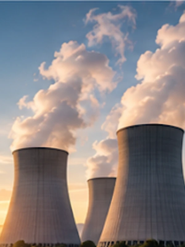 Power generation plant with cooling towers emitting steam at sunset