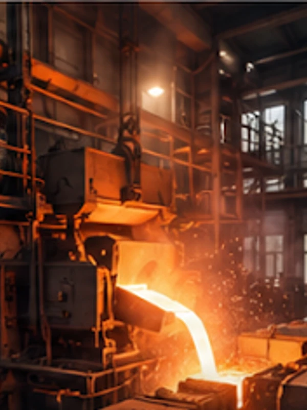 Steel mill foundry pouring bright molten liquid steel in factory setting