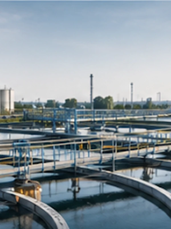 Modern water treatment plant circular clarification basins under clear sky