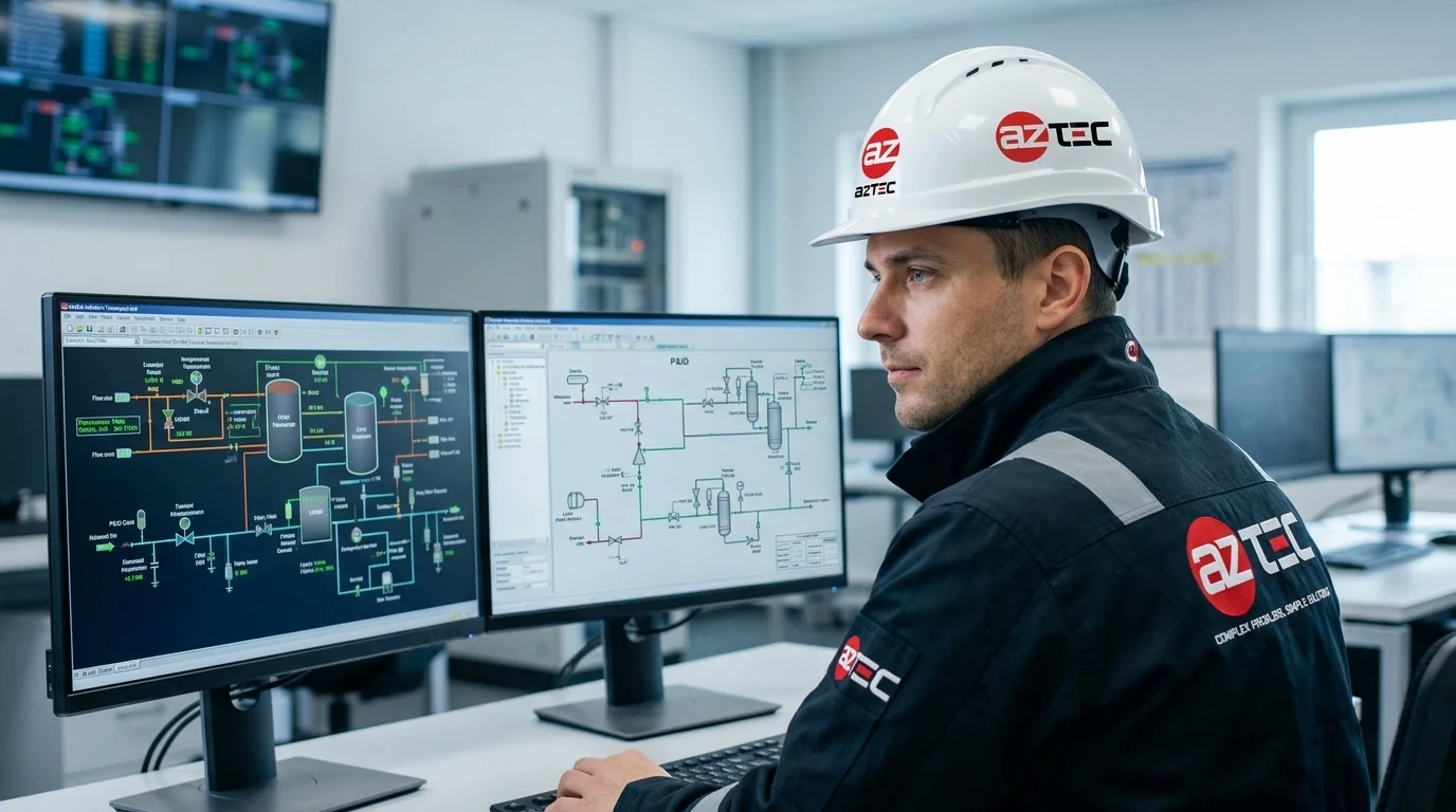 AZtec engineer in control room managing process automation SCADA systems on dual monitors
