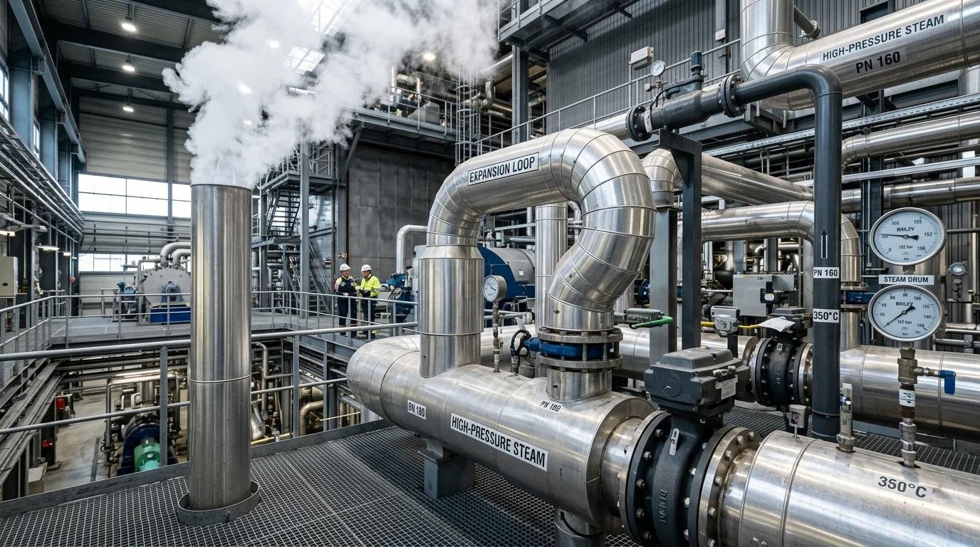 High-pressure steam engineering installation with insulated steam piping and expansion loops
