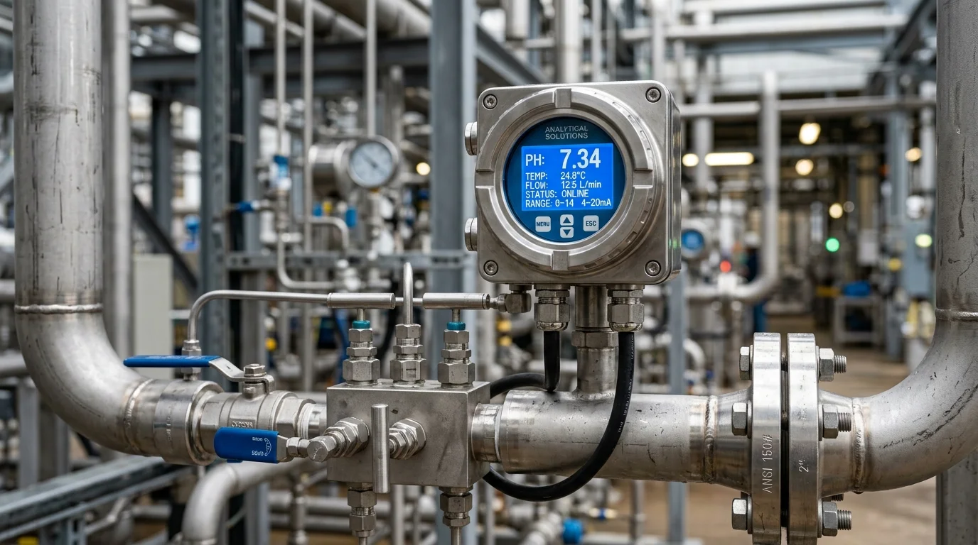 Inline process analytical liquid transmitter with digital LCD display on stainless steel process piping